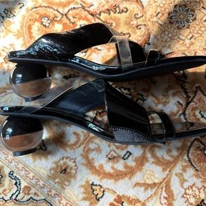 Black Patent/Clear Straps Sandal with Lucite Ball Heel